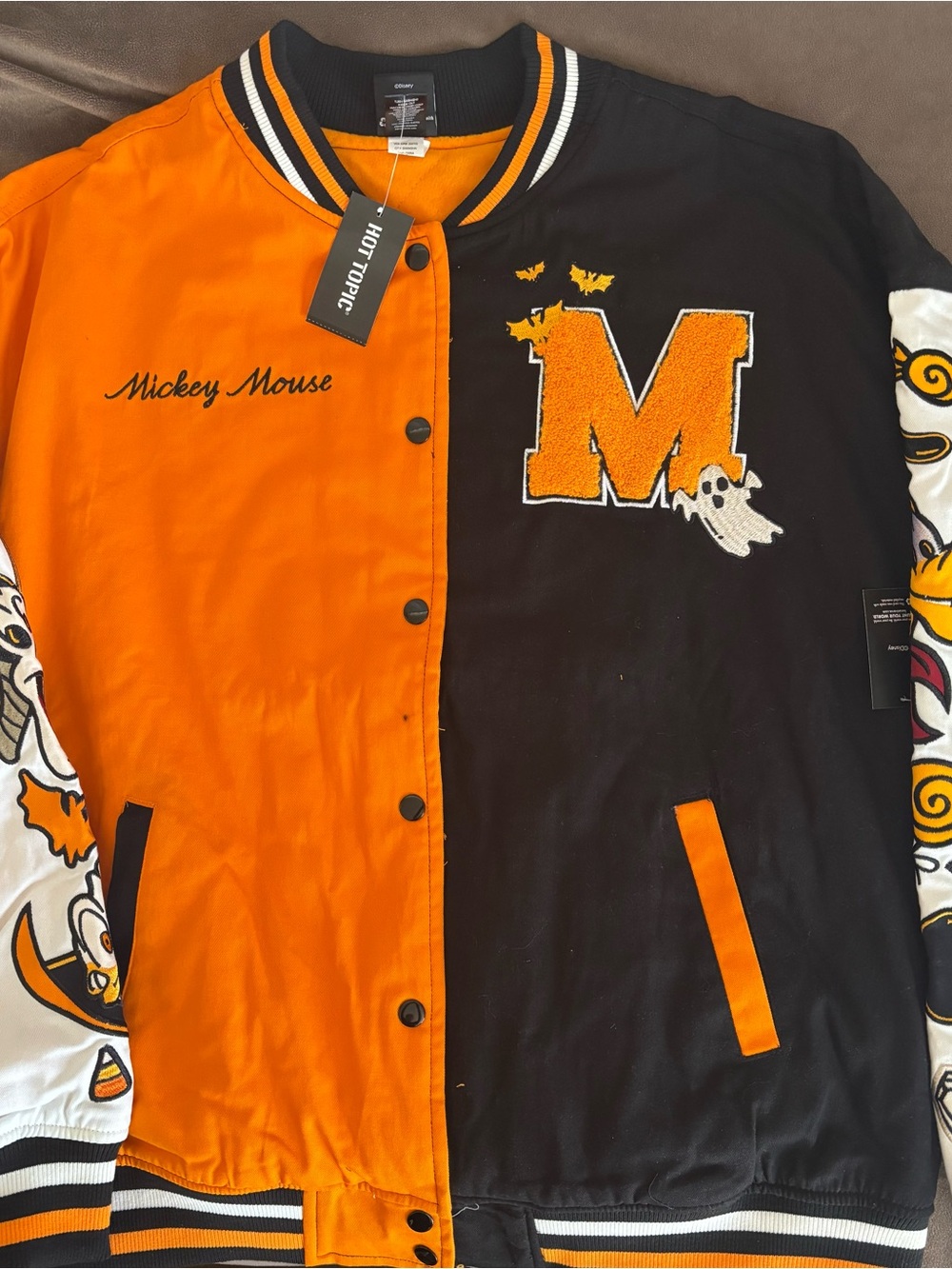 Hot Topic Woman Orange & Black Mickey Mouse Halloween Varsity Jacket